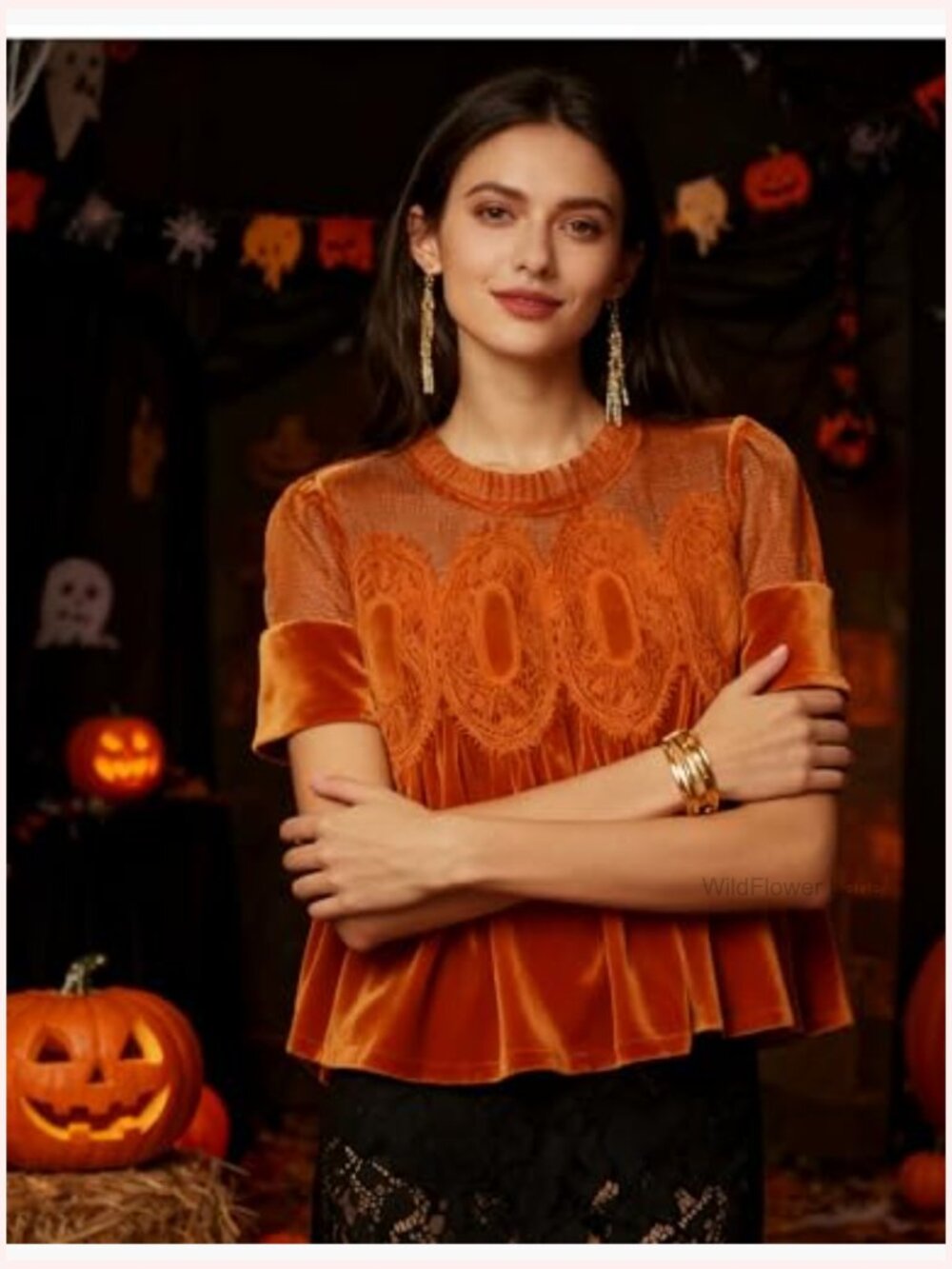 Velvet Lace Short Sleeve Blouse Flared Swing Top Loose Fit Blouse - Picture 2 of 7